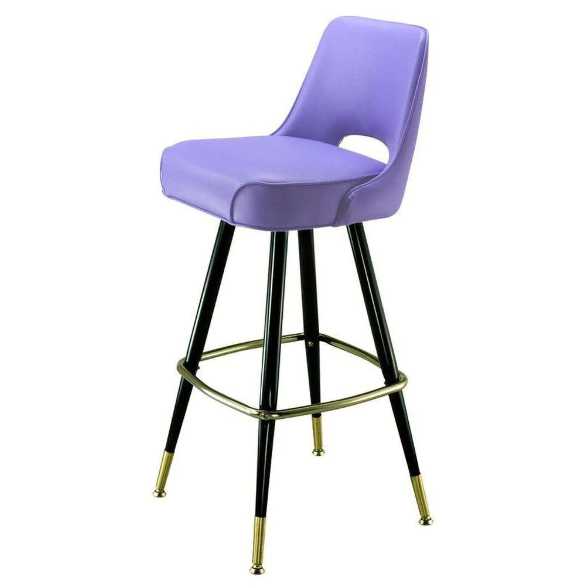 Upholstered cutout bar stool with black metal legs and return swivel