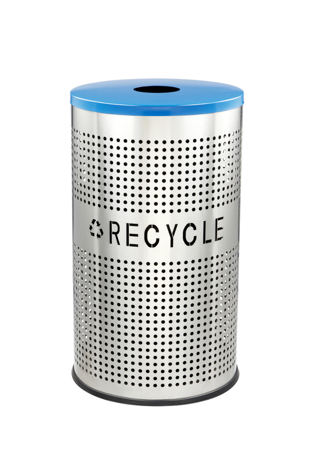 26 gallon perforated stainless steel recycle bin with blue lid indoor outdoor commercial recycling receptacle modern ventilated design