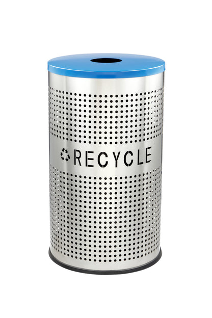 26 gallon perforated stainless steel recycle bin with blue lid indoor outdoor commercial recycling receptacle modern ventilated design