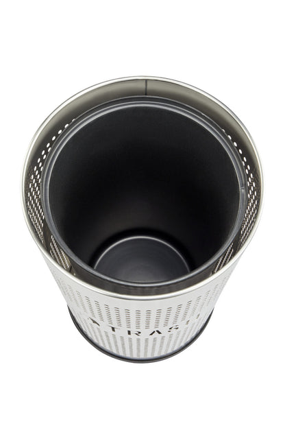 26 gallon perforated stainless steel trash can with black lid indoor outdoor commercial waste receptacle modern ventilated design interior view.