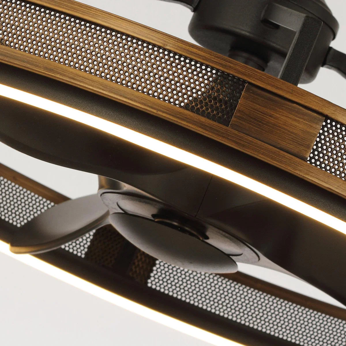 Compact brown and black ceiling fan with reversible blades and six-speed control