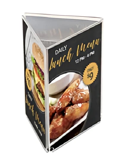Three-sided clear acrylic tabletop sign holder with triangular design, top-loading pockets, and open center for restaurant or retail display.