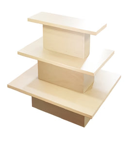 Front view of a three-tier rectangular maple display table made from real maple veneer and solid maple trim, designed for multi-level retail merchandising.