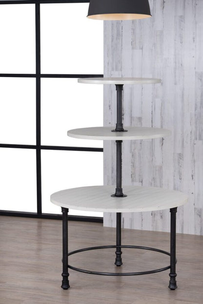  Three-tier round table with white top and metal base, ideal for rustic, vintage-style retail displays.