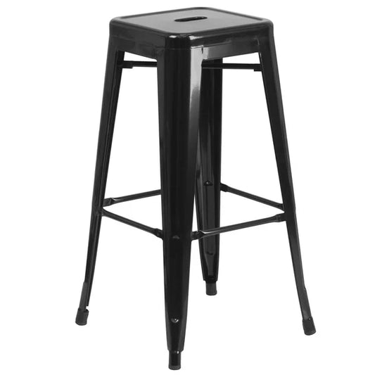 Black industrial indoor-outdoor metal barstool with drain hole seat and footrest