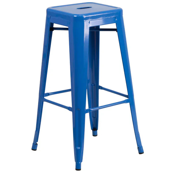 Blue industrial metal barstool with drain hole and commercial-grade steel frame