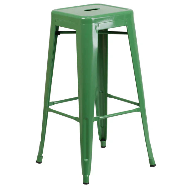 Green industrial metal barstool with drain hole and stackable steel frame