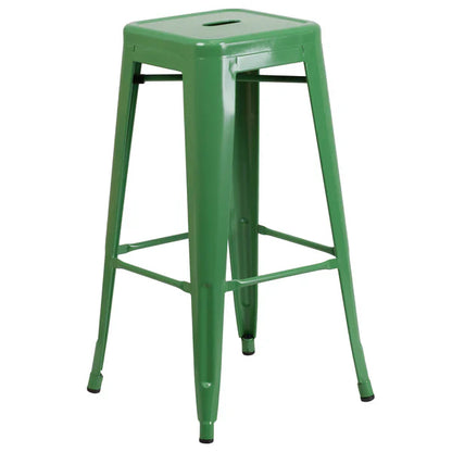 Green industrial metal barstool with drain hole and stackable steel frame