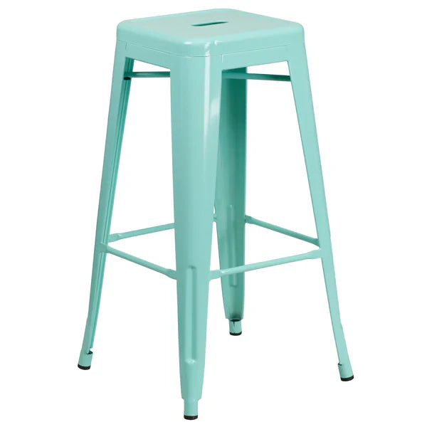 Mint green industrial metal barstool with drain hole seat and footrest