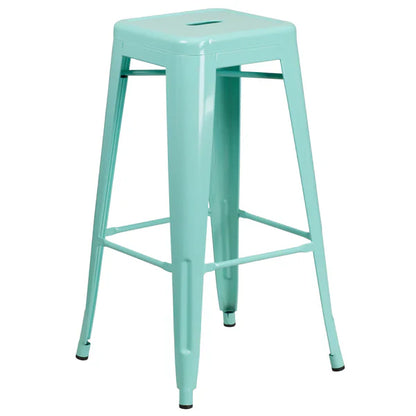 Mint green industrial metal barstool with drain hole seat and footrest