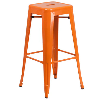 Orange industrial metal barstool with drain hole and reinforced cross brace