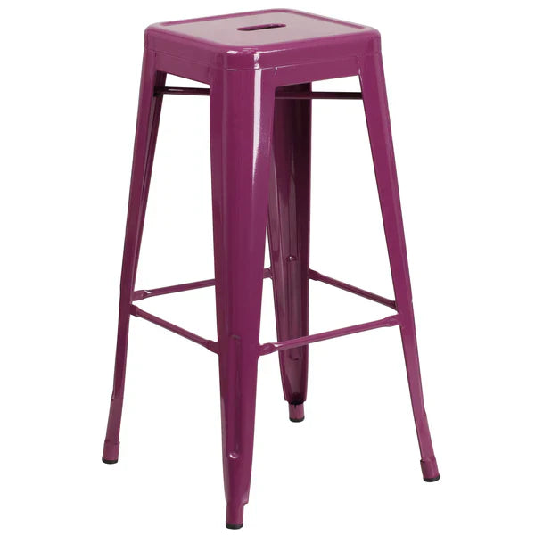 Purple industrial metal barstool with drain hole and reinforced steel construction