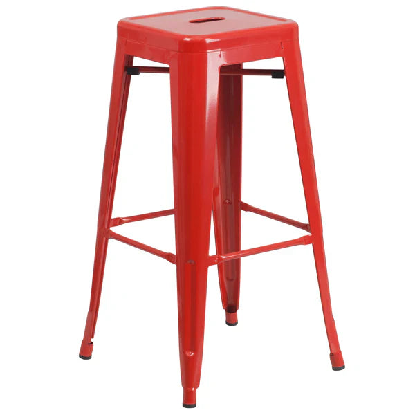 Red industrial metal barstool with drain hole seat and stackable commercial design