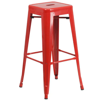 Red industrial metal barstool with drain hole seat and stackable commercial design