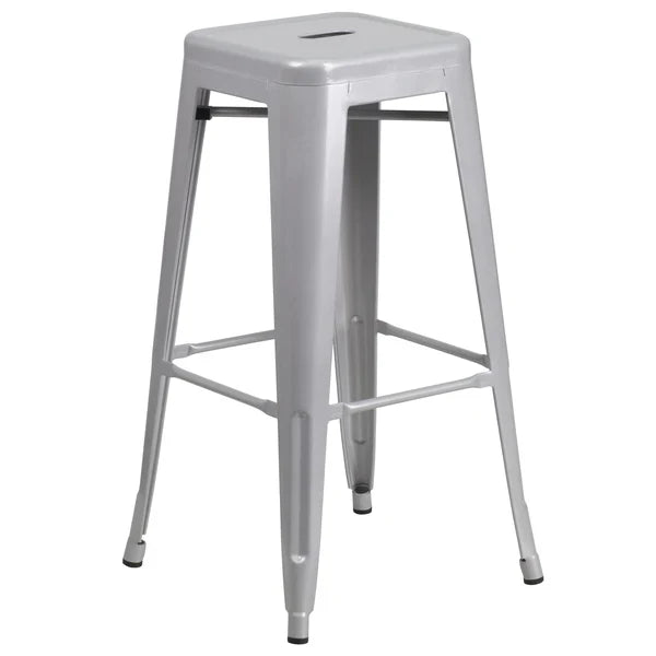 Silver industrial barstool with drain hole and protective floor glides