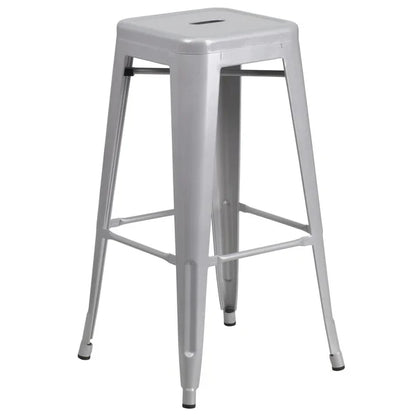 Silver industrial barstool with drain hole and protective floor glides