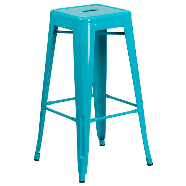Teal blue industrial metal barstool with drain hole seat and galvanized steel frame