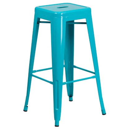 Teal blue industrial metal barstool with drain hole seat and galvanized steel frame