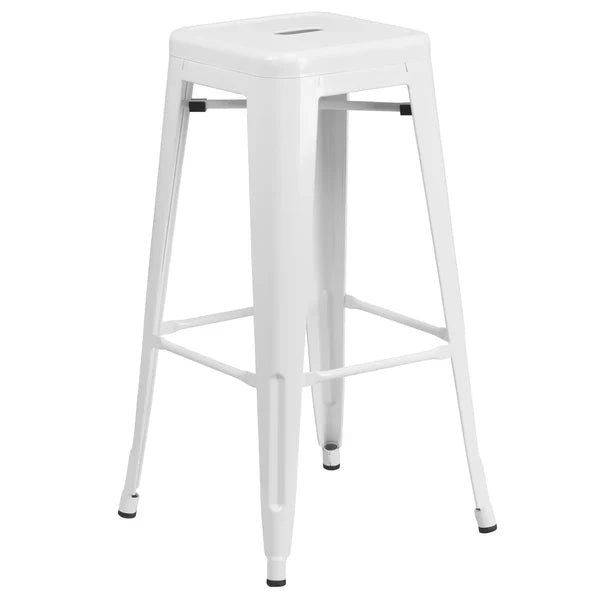 White industrial indoor-outdoor barstool with drain hole seat and footrest
