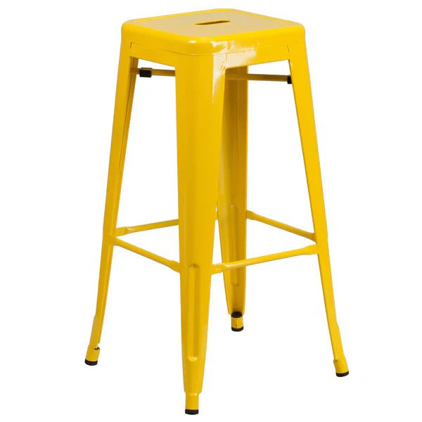 Yellow industrial steel barstool with drain hole and stackable design