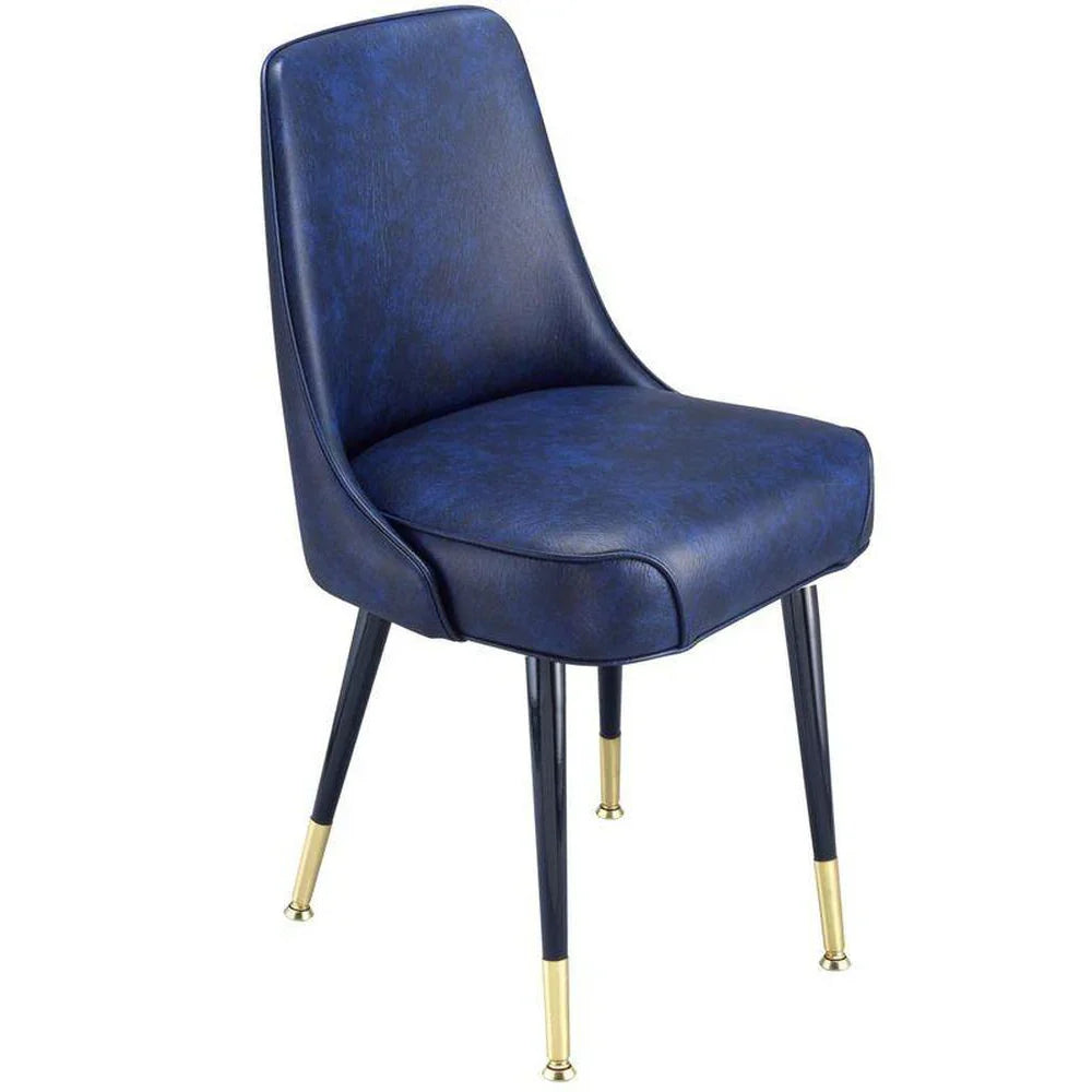 Commercial dining chair with plain upholstered back, waterfall box seat, and steel frame with brass ferrules.