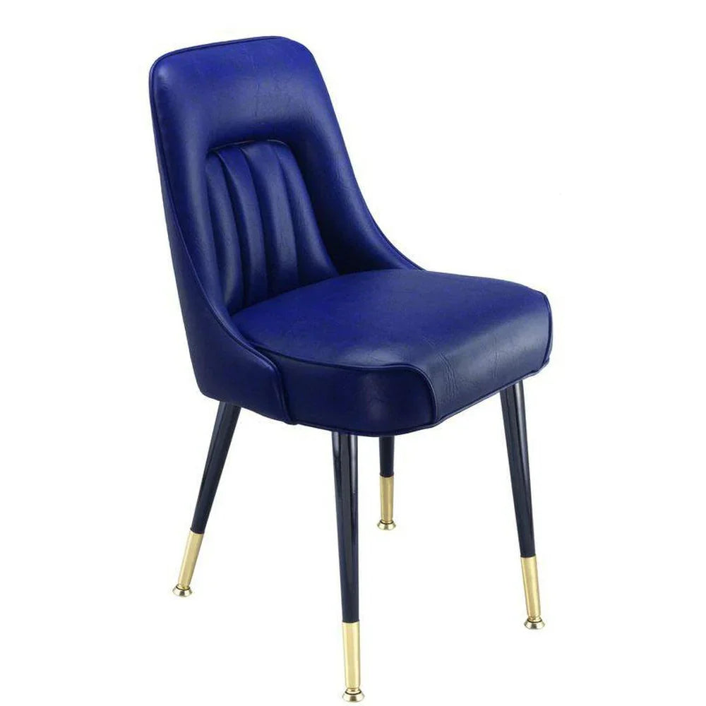 Dining chair with vertical channeled upholstered back, waterfall box seat, brass ferrules, and steel frame