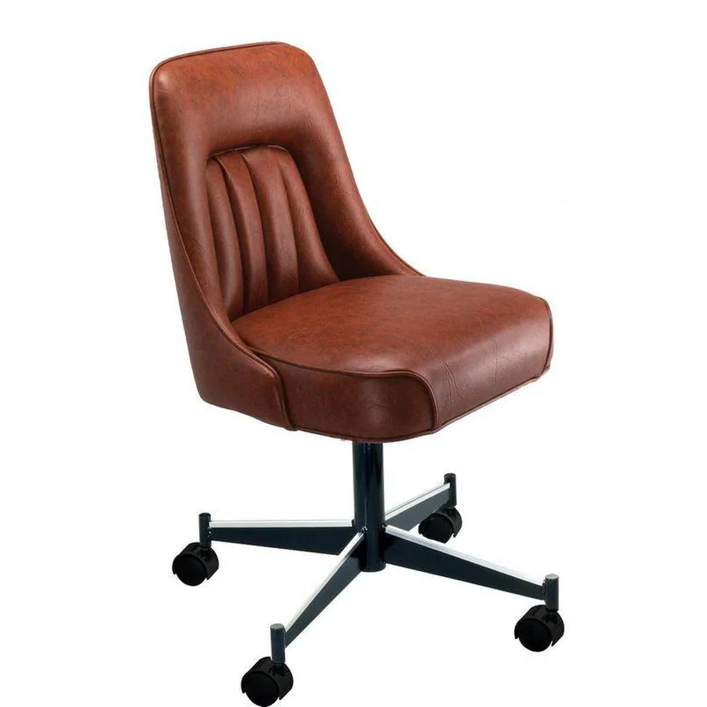  bucket seat roller chair with chrome 5-spoke swivel pedestal base, cream vinyl upholstery, and vertical channeled back with rolled edges. Features twin-wheel casters for smooth rolling and padded waterfall seat. Made in the USA.