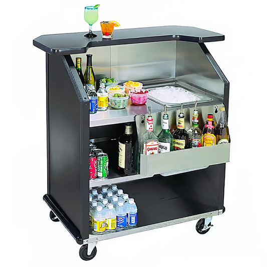 43-inch cherry portable bar with black laminate exterior, stainless steel interior, and compact mobile design.