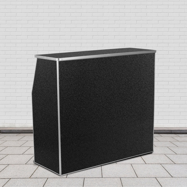 48-inch folding portable bar with black marble laminate, aluminum trim, and collapsible design