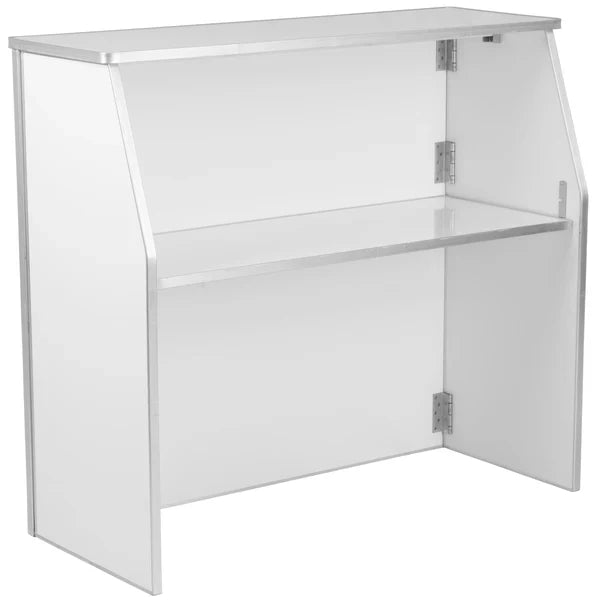 48-inch folding portable bar with white laminate finish, aluminum trim, and collapsible design.