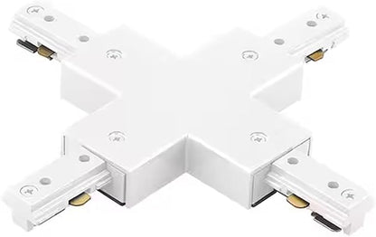 4-way X connector for single-circuit track lighting in a white finish, featuring the cross-shaped design for joining four track sections in a multi-directional layout.