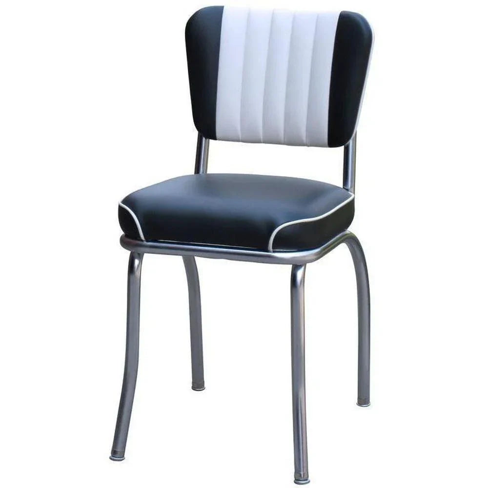 Front view of black and white 5-channel retro diner chair with chrome frame and waterfall seat for restaurants and cafés.