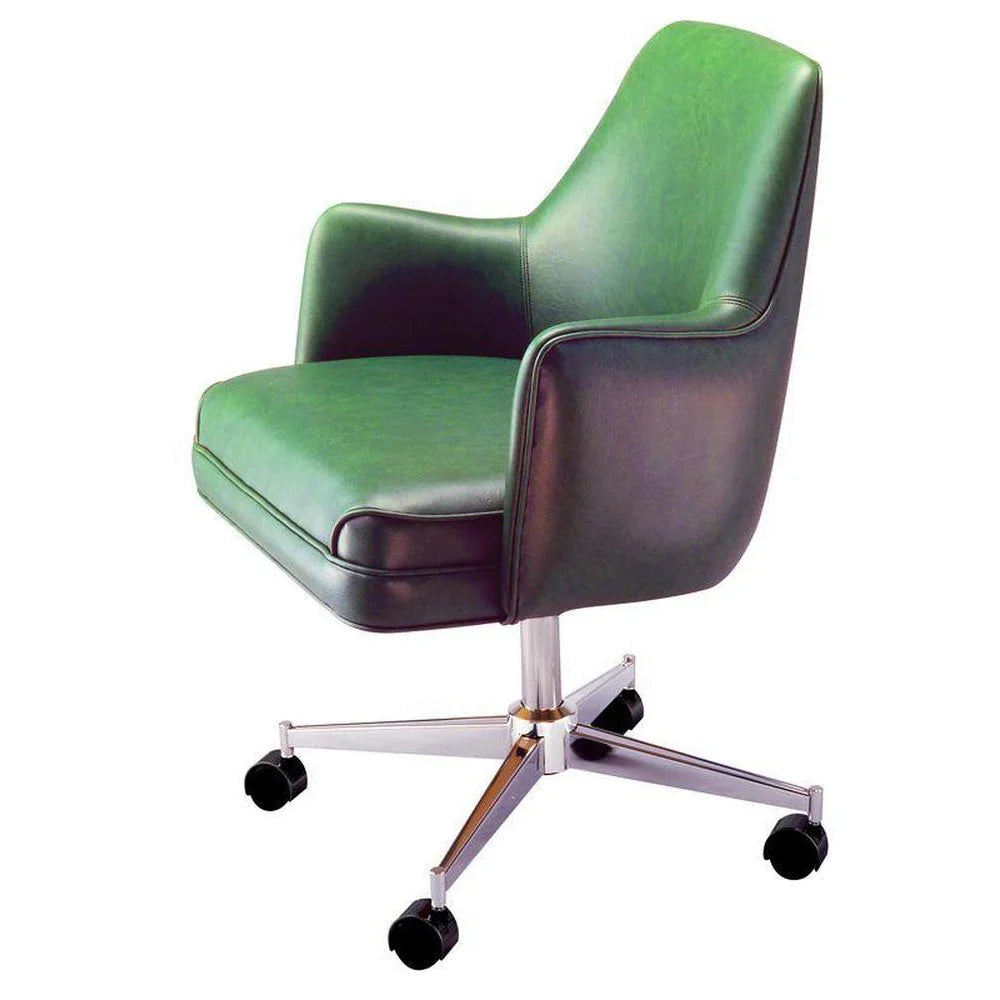 Swivel club chair with plain upholstered back, mini armrests, and a five-spoke pedestal base with twin-wheel casters.