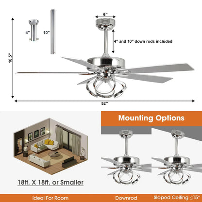 Ceiling fan with dimensions and mounting options displayed on a white background
