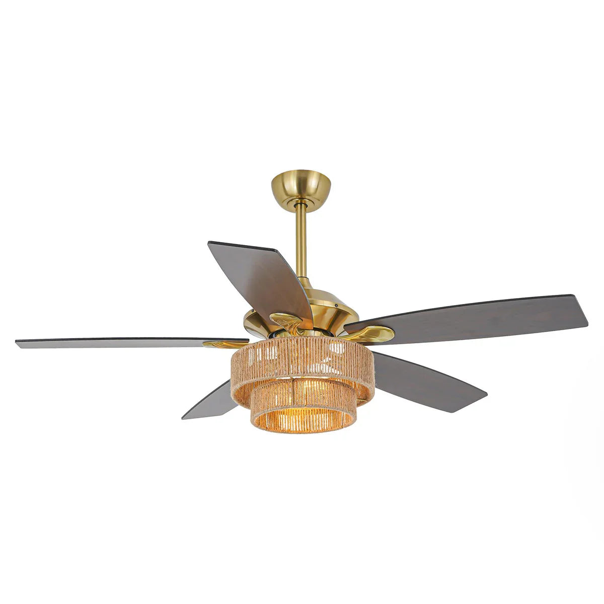 52-inch farmhouse ceiling fan with golden downrod, LED lighting, and reversible blades