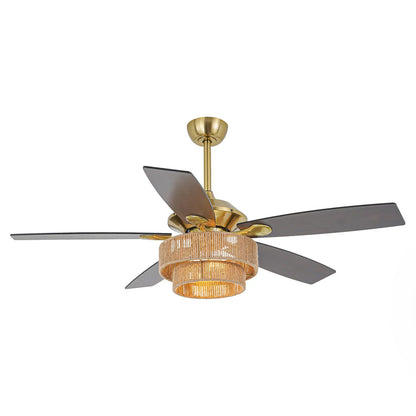 52-inch farmhouse ceiling fan with golden downrod, LED lighting, and reversible blades