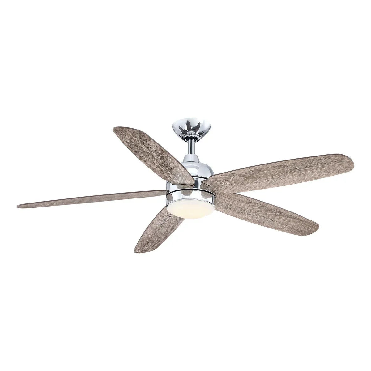 52-inch chrome farmhouse ceiling fan with LED lighting and reversible driftwood blades