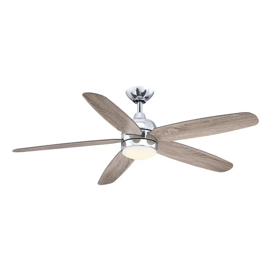52-inch chrome farmhouse ceiling fan with LED lighting and reversible driftwood blades