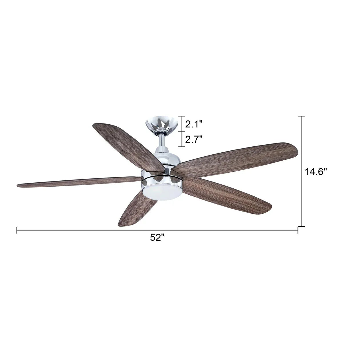 Farmhouse-style ceiling fan with remote control and antique oak wood blades with dimensions