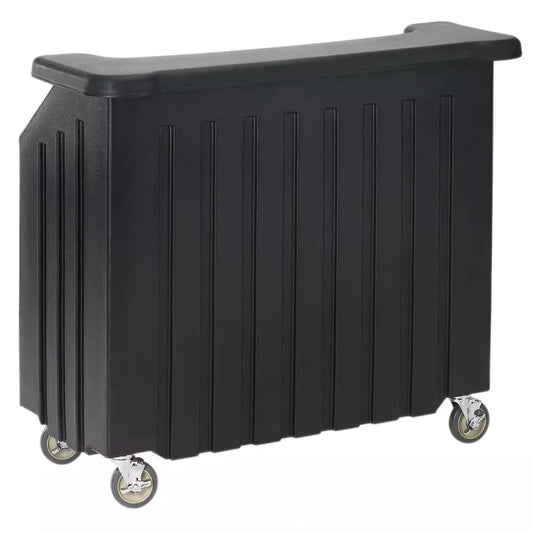 54-inch black polyethylene portable bar with built-in ice sink, speed rail, and storage compartments.