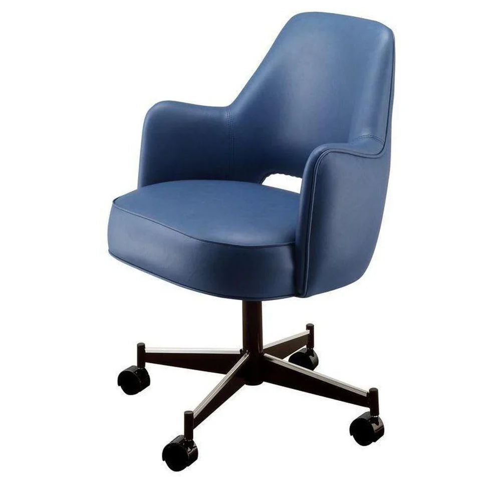 Club chair with padded bucket seat and cut-out back on a black pedestal base with chrome accents.