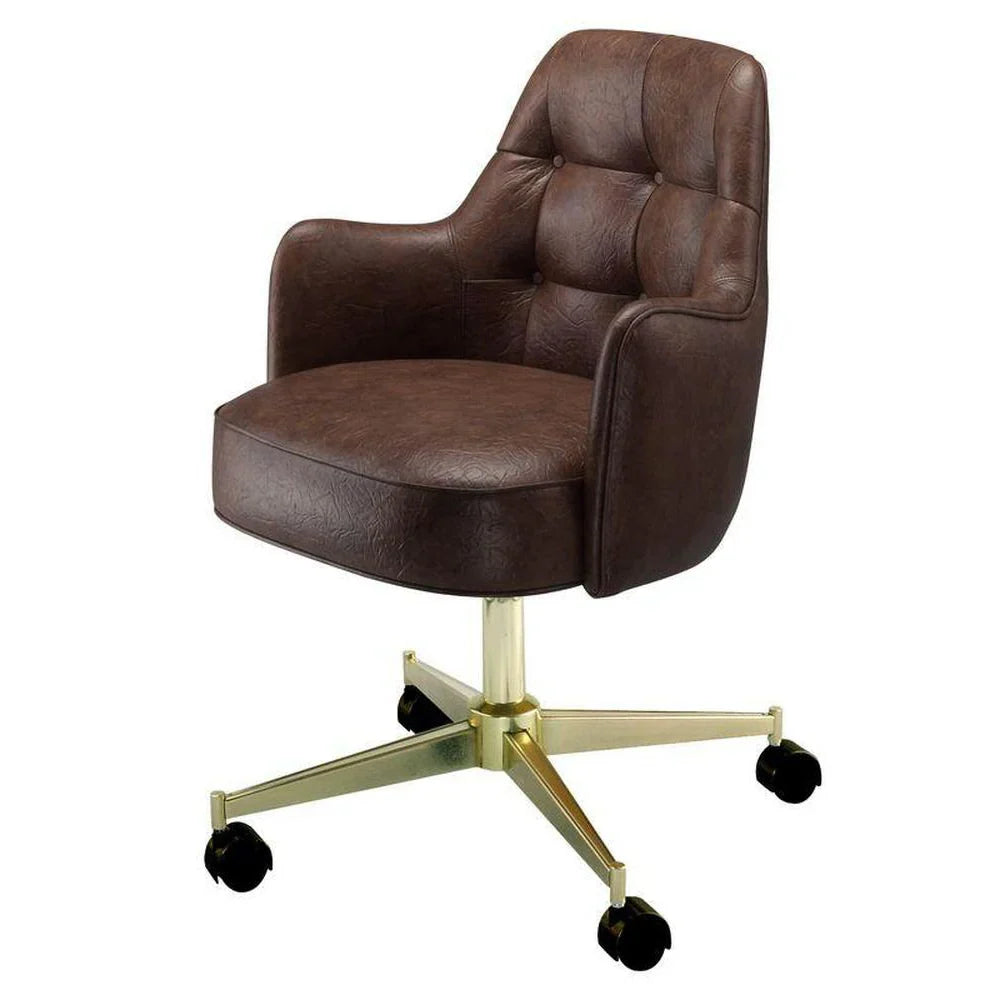 5540 roller club chair with chrome 5-spoke swivel pedestal base, cream vinyl upholstery, and button tufted bucket seat. Features twin-wheel casters for smooth rolling and a deep foam-padded box seat. Made in the USA.