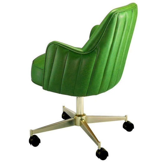 Swivel club chair with vertical channeled upholstery, armrests, and a five-spoke pedestal base.