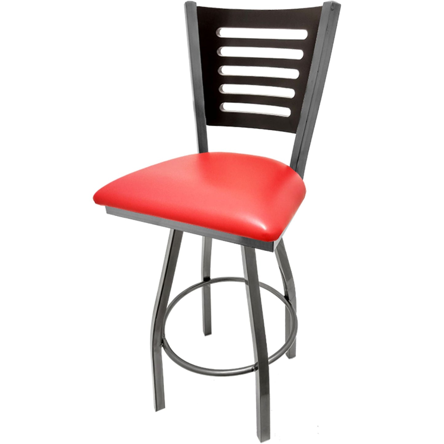 Black stain wood back barstool with red vinyl seat