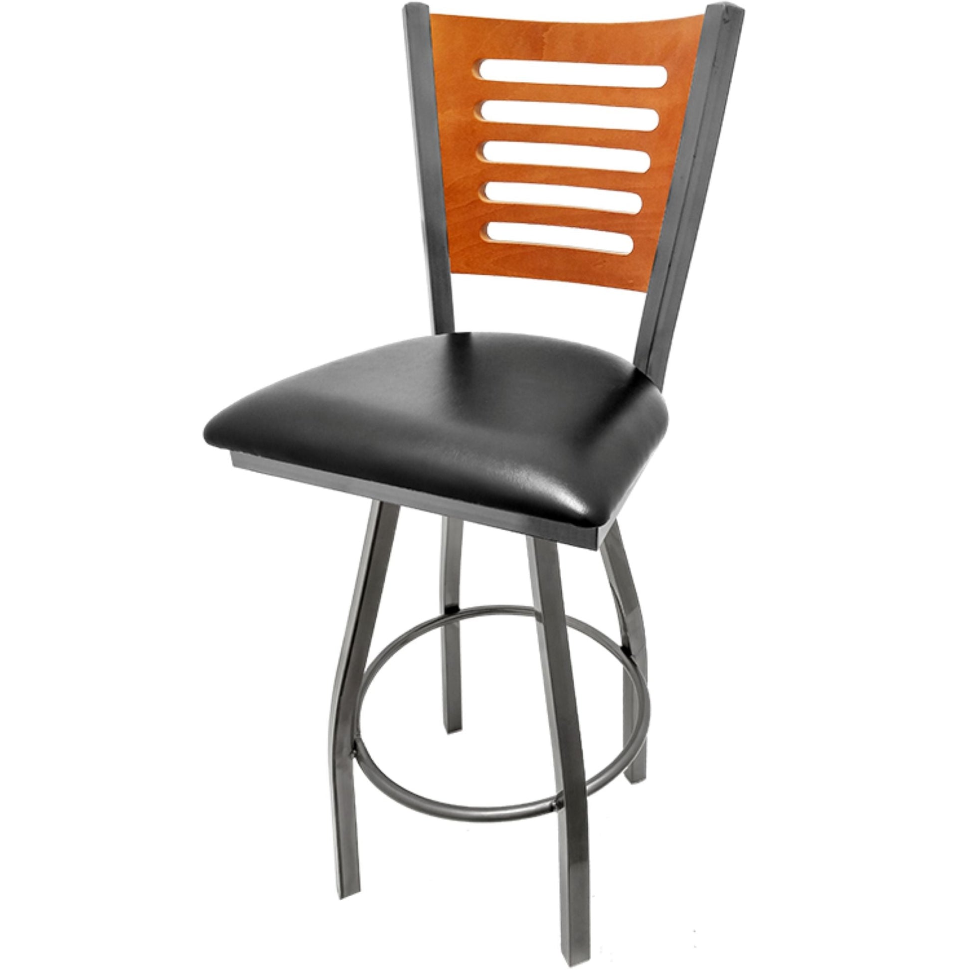 Cherry finish wood back barstool with black vinyl seat
