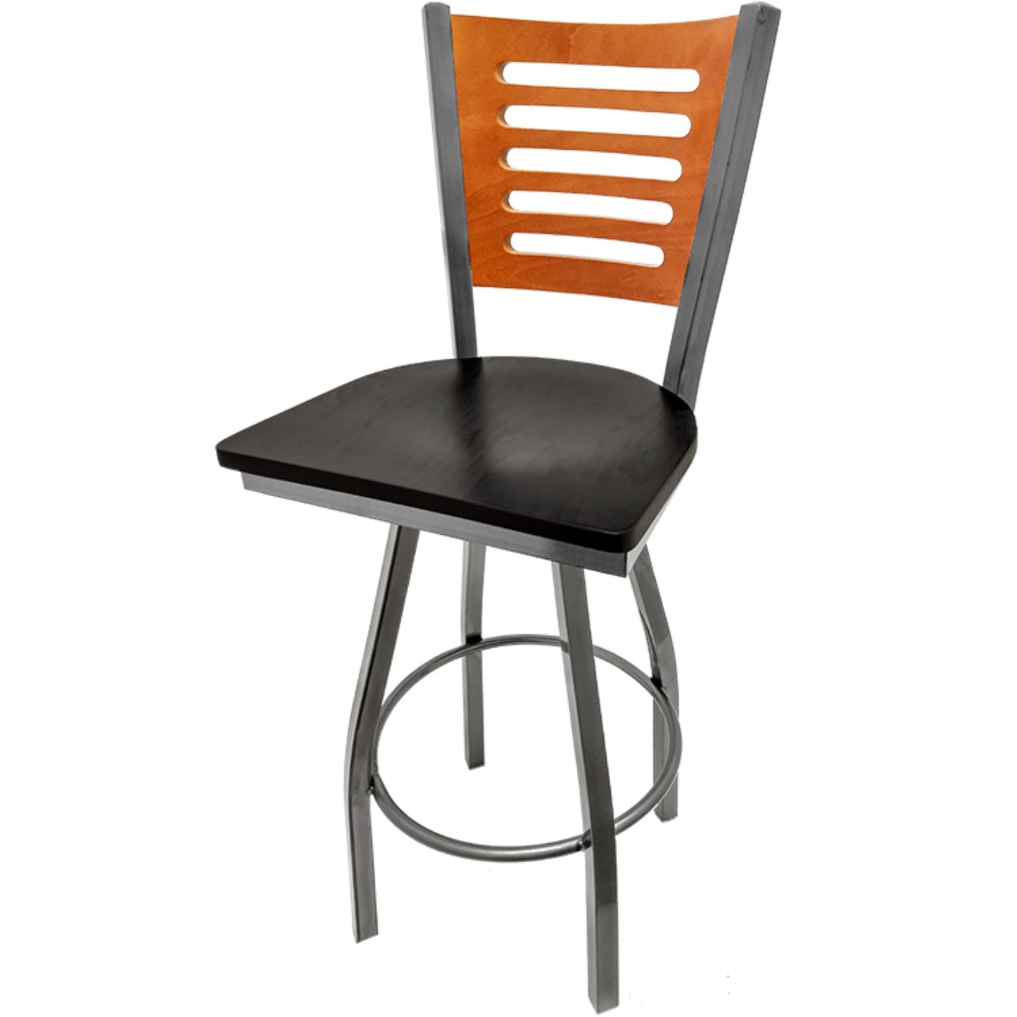 Cherry finish wood back barstool with black stain wood seat