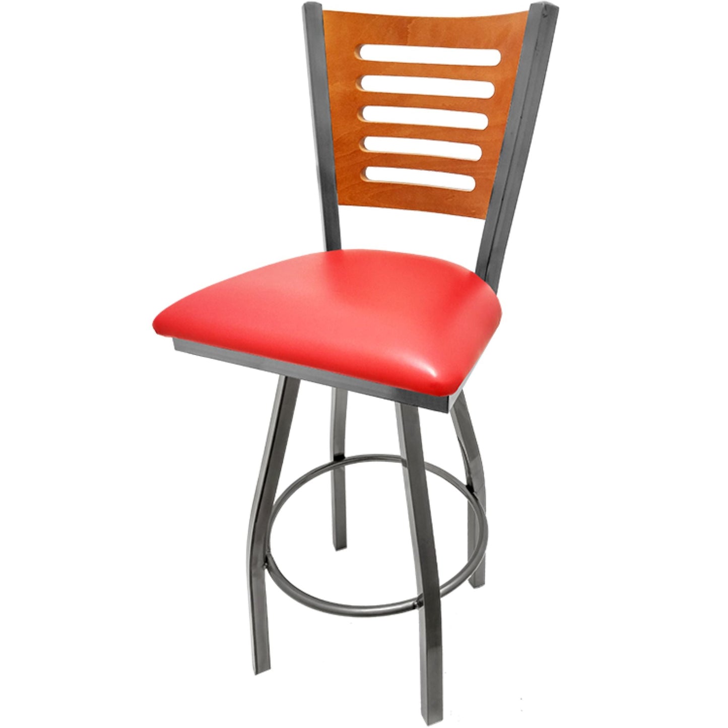 Cherry finish wood back barstool with red vinyl seat