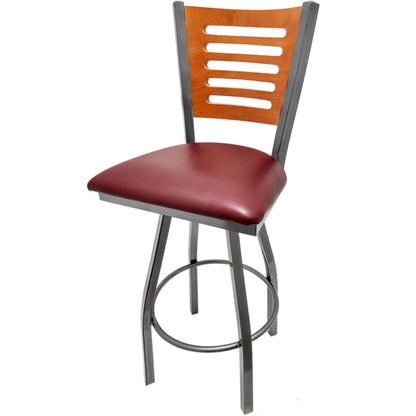 Cherry finish wood back barstool with wine vinyl seat