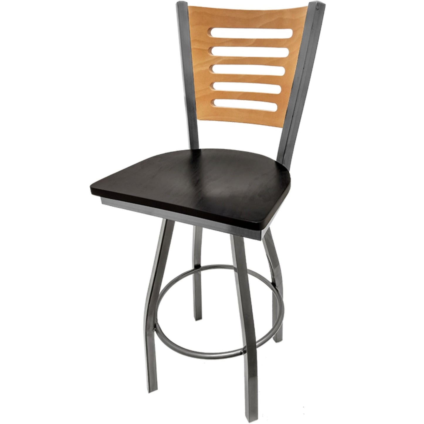 Commercial Wood Back Swivel Barstool with Heavy-Duty Clear Coat Steel Frame