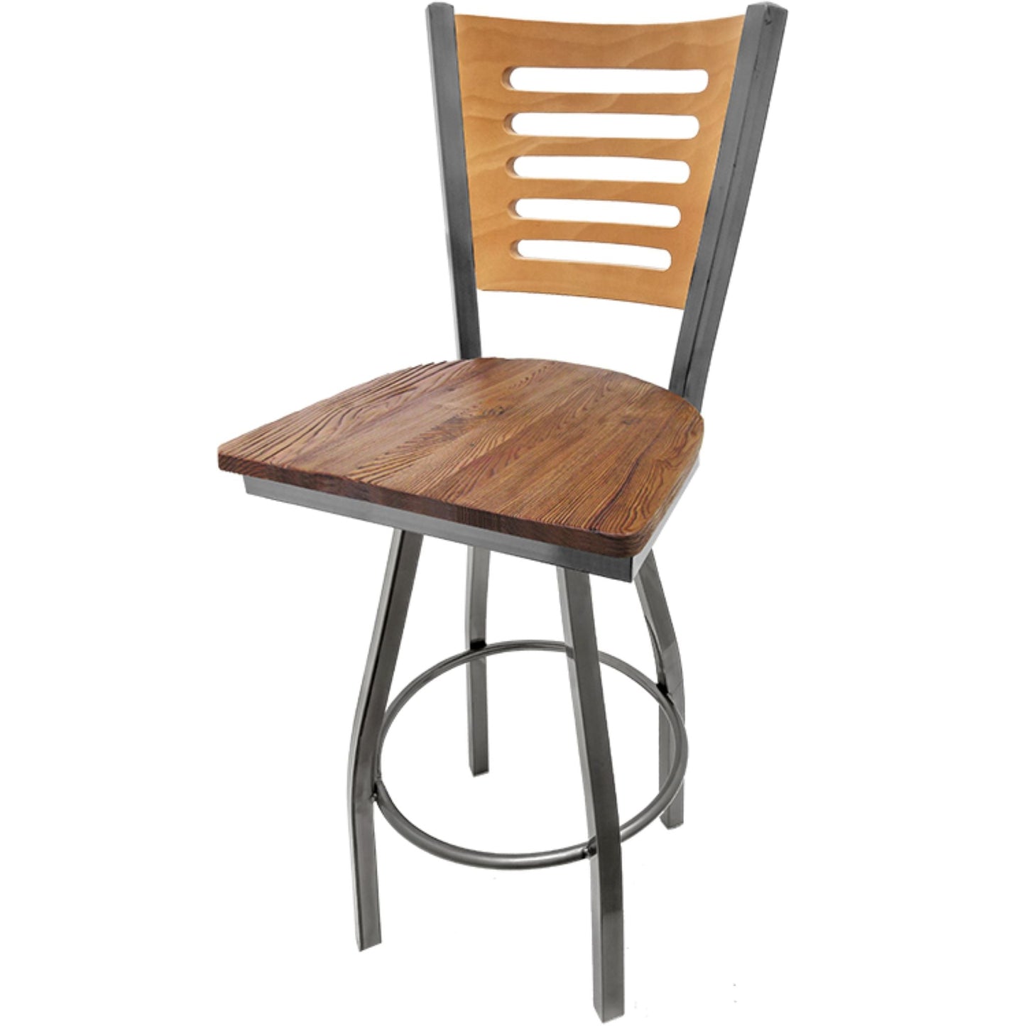Clear coat wood back barstool with reclaimed wood seat